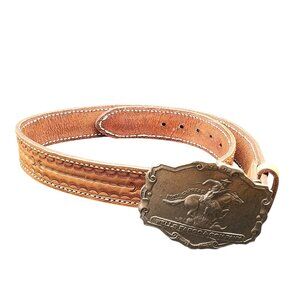 Vintage Tooled Leather Belt with Brass Wells Fargo Pony Express Buckle